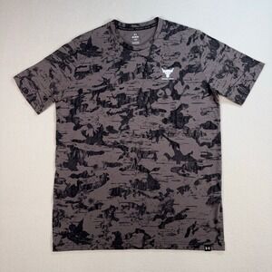 Under Armour Project Rock T-Shirt‎ Men's M Gray Camo Loose Bull Logo 1383194